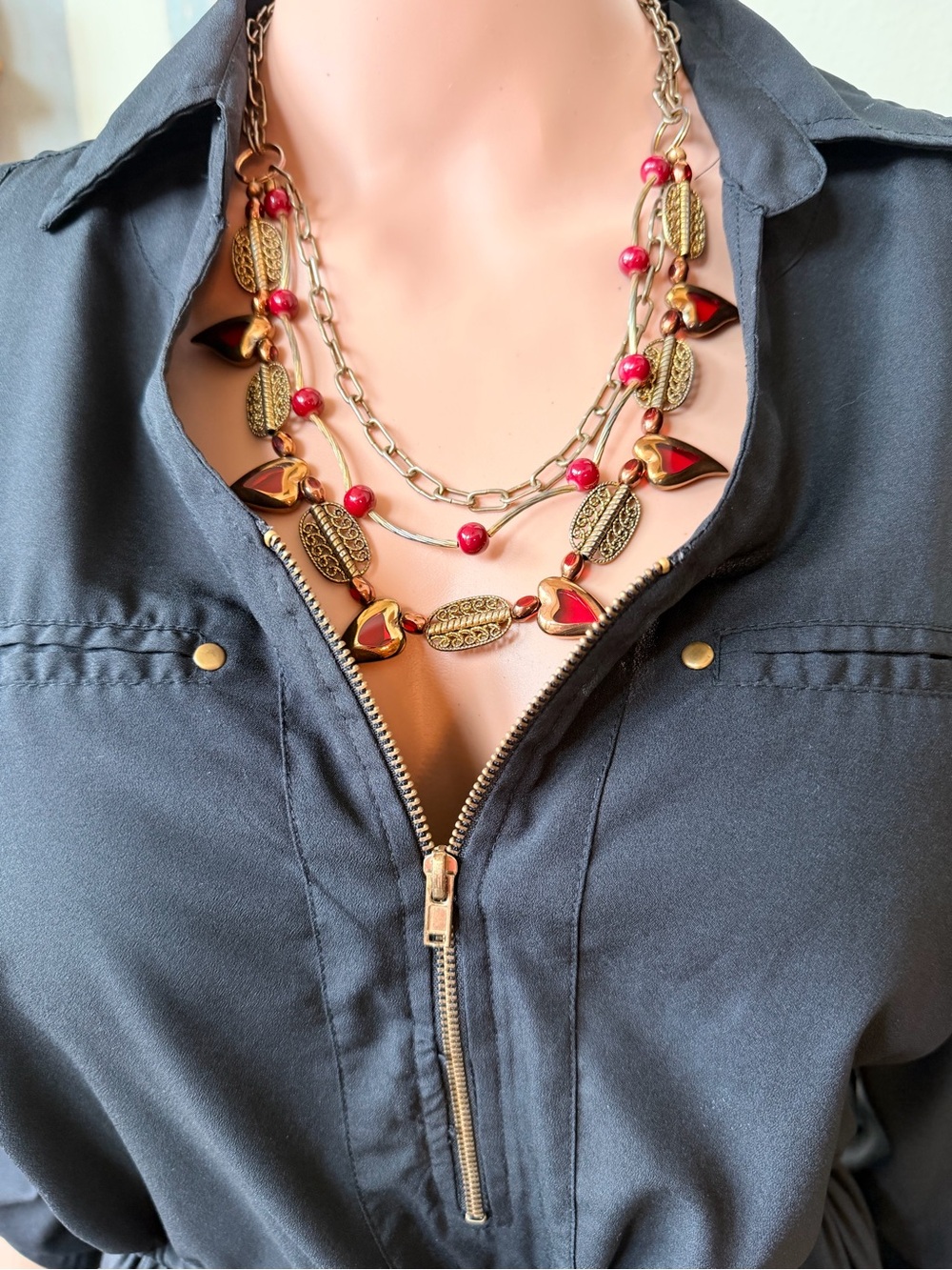Elegant Gold and Red Heart Necklace